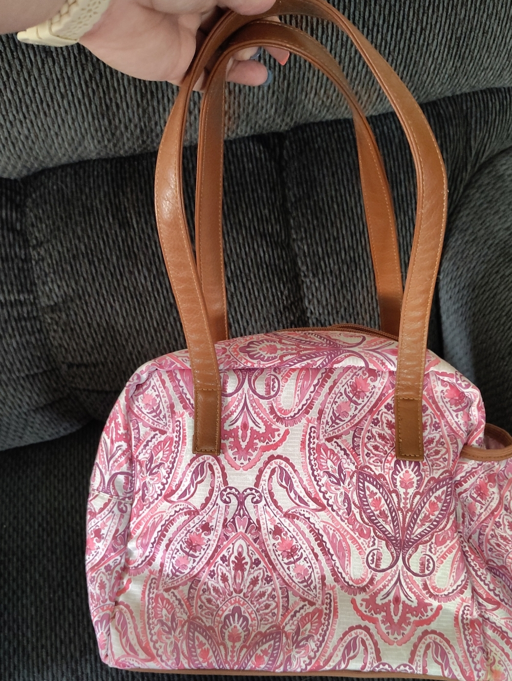 Women's Pink Paisley Lunch Tote with Brown Leather Handles